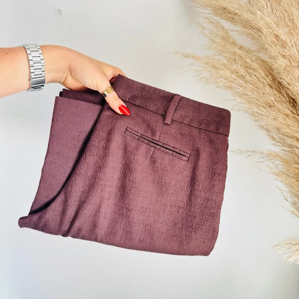 MILLY NEW YORK Mahogany Brown Mid Rise Wide Leg Textured Cotton Trousers Pants 4 - Picture 10 of 12